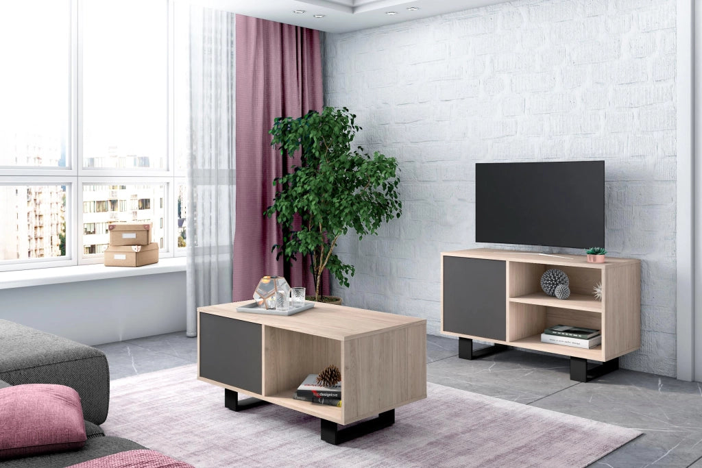 Mobile per Soggiorno e Sala da Pranzo composto da 1 Mobile TV100 e 1 Tavolino colore Rovere e Grigio con Gambe Nere RF1124