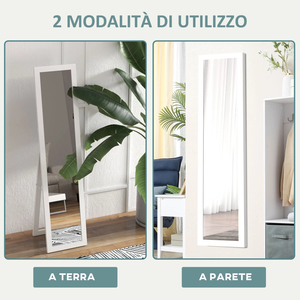 Specchio da Terra con Cornice in MDF con Piedini e Ganci, Specchio Moderno per Utilizzo a Parete, 37x40x155 cm, Bianco e Trasparente