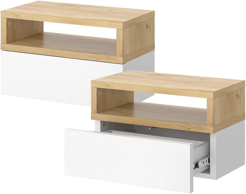 Comodino camera da letto Urbano, Quercia dorata, Set di 2, montabile a parete per un utilizzo salvaspazio in camera da letto