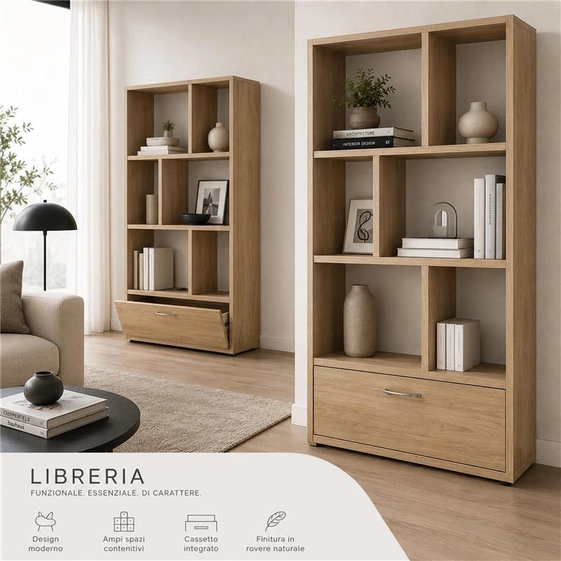 LIBRERIA IN MDF ROVERE CON RIPIANI SFALSATI E CASSETTONE MISURE: 70X24X140 CM