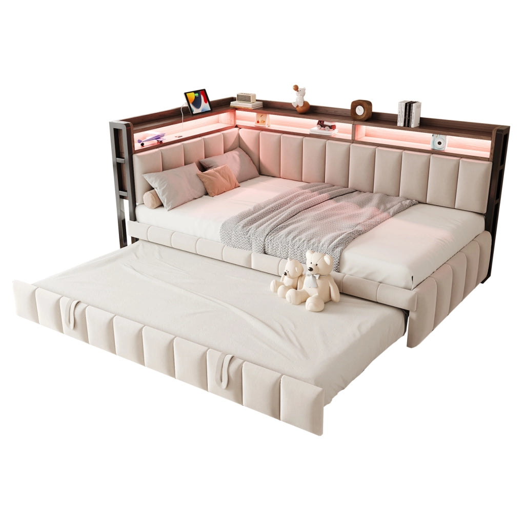 Divano letto multifunzionale 90x200 cm in velluto beige con letto estraibile; LED e USB