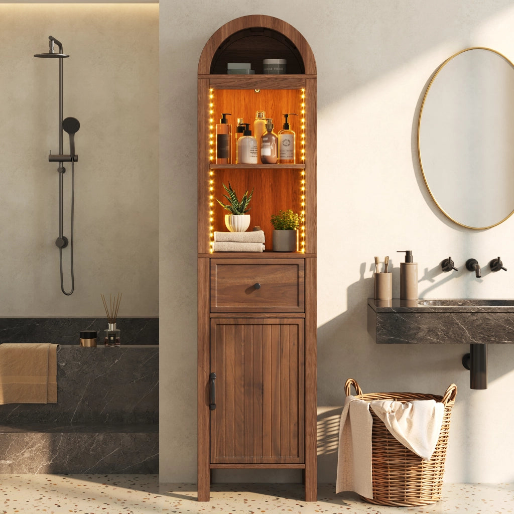 Colonna bagno con 2 ante reversibili; 1 cassetto; vani aperti e LED per bagno; in MDF; noce; 40×30×163 cm
