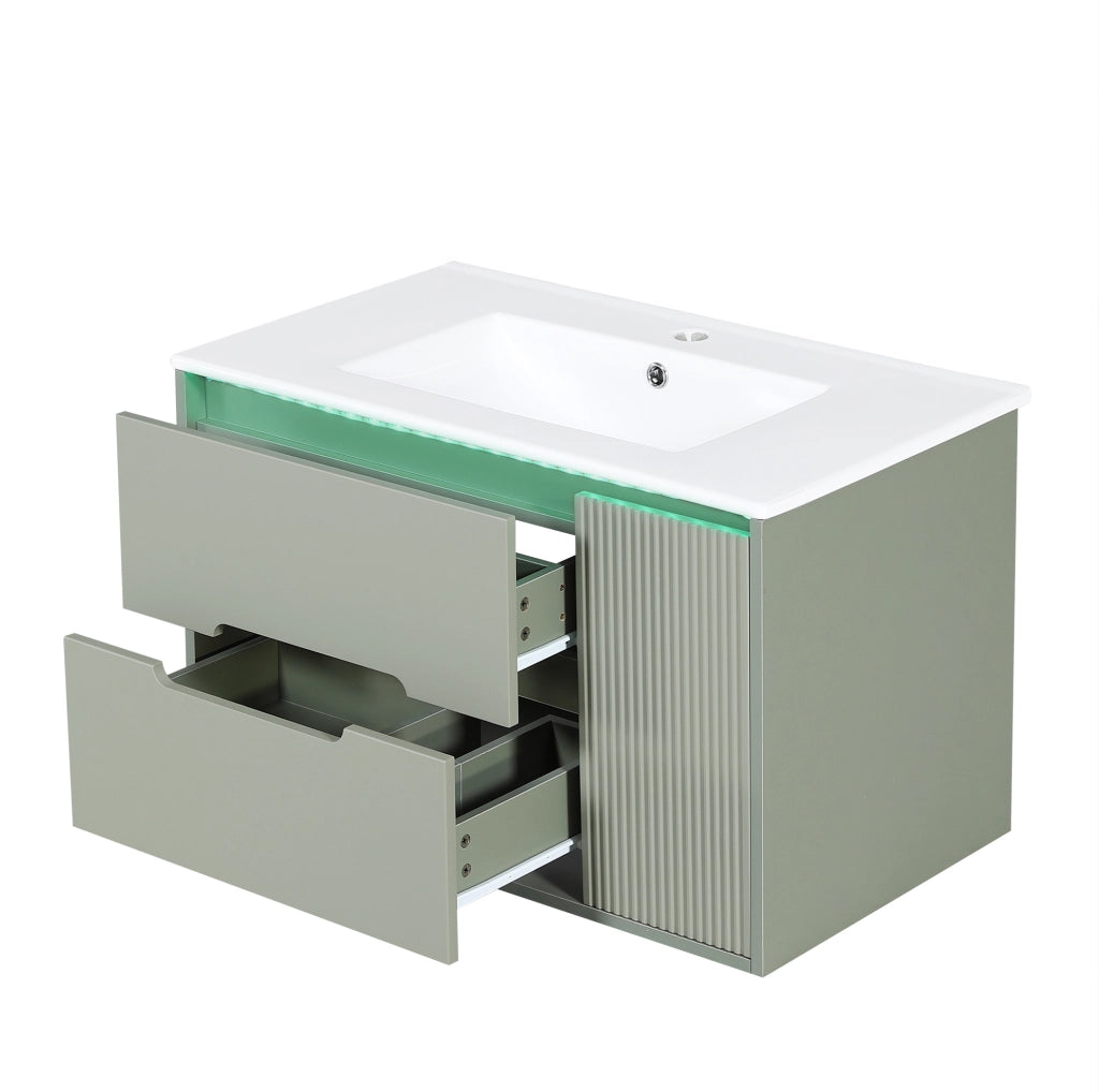 Mobile bagno sospeso 81 cm con lavabo in ceramica, LED e ante verdi