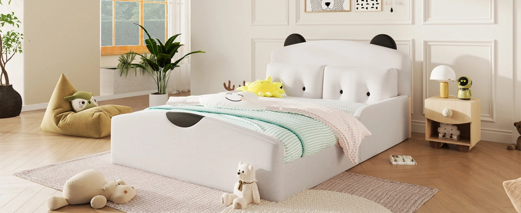 Letto imbottito 140x200 in lino bianco con testiera a forma di orso e 2 cuscini decorativi