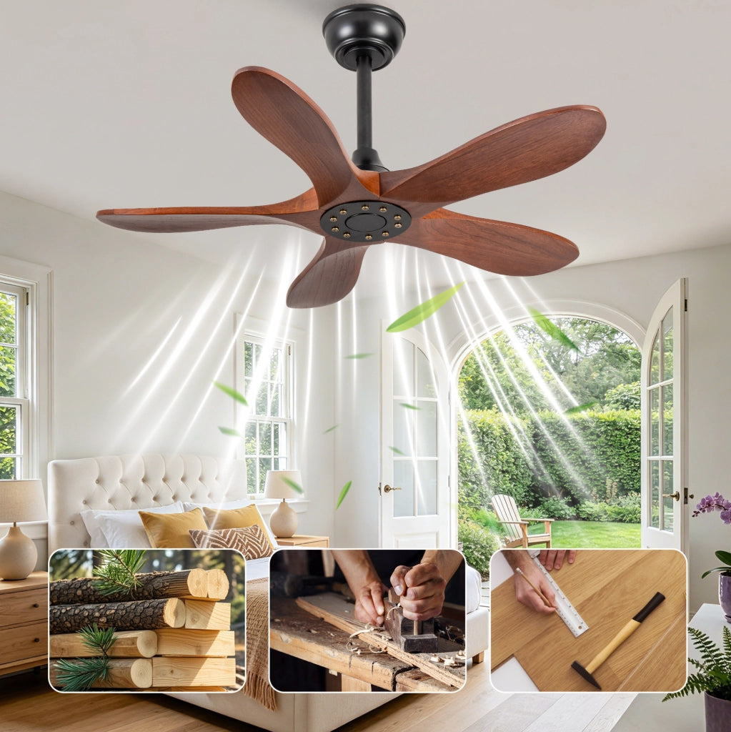 Ventilatore da soffitto senza luce 36 pollici; 5 pale in legno massello; noce scuro e nero