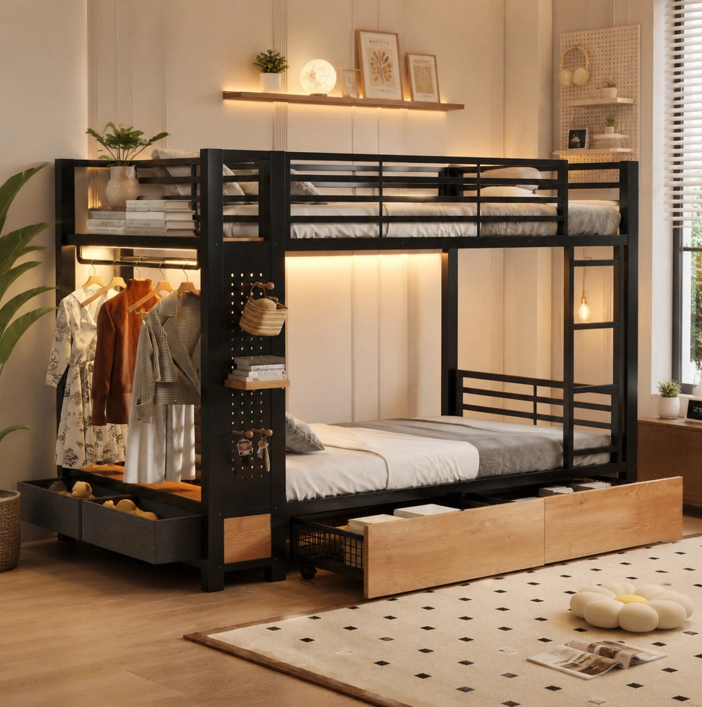 Letto a castello 90x200 cm in metallo e MDF con LED; area appendiabiti e contenitori nero