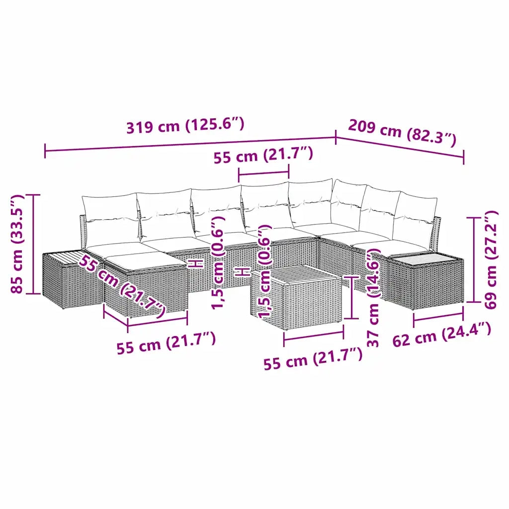Set Divano da Giardino con cuscino 9 pcs Nero Poly Rattan 3348148