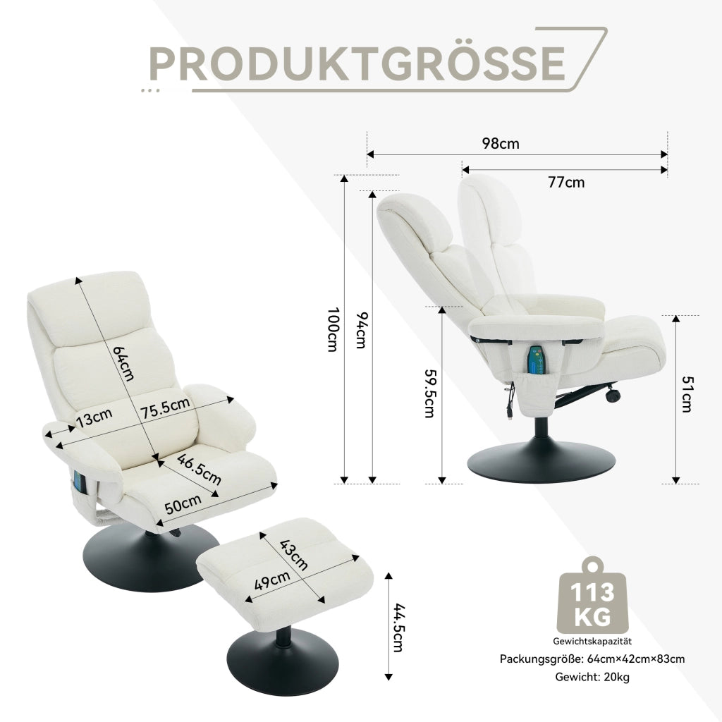 POLTRONA Relax con massaggio a 5 punti, riscaldamento, girevole 360°, 77x75,5x100 cm, bianca