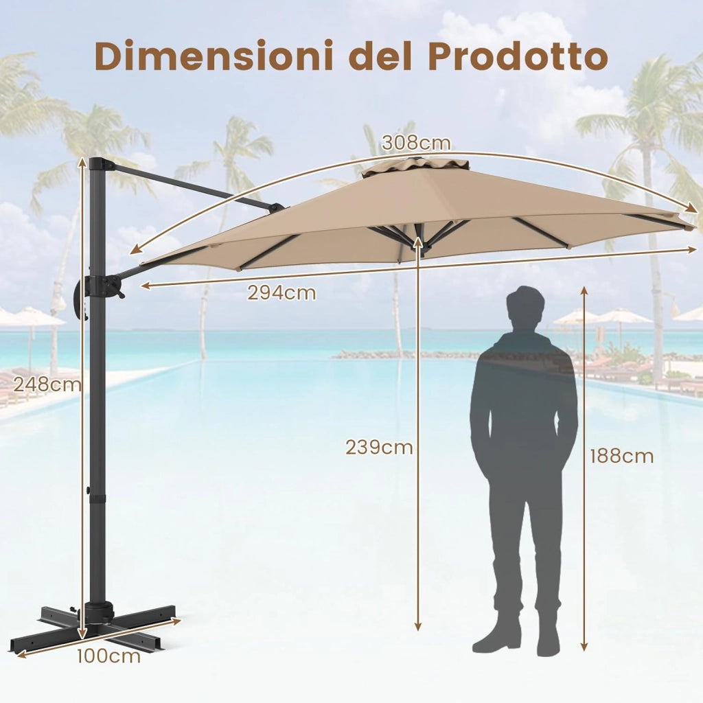 Ombrellone a Cantilever da Giardino 294 cm, Rotazione 360° e 5 Angoli Regolabili, 8 Stecche Base a Croce, Impermeabile, per Cortile Piscina Esterno (Beige)