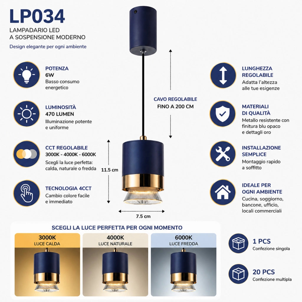 LAMPADARIO LED A SOSPENSIONE MODERNO BLU ORO 6W CCT REGOLABILE 3000K-6000K LP034