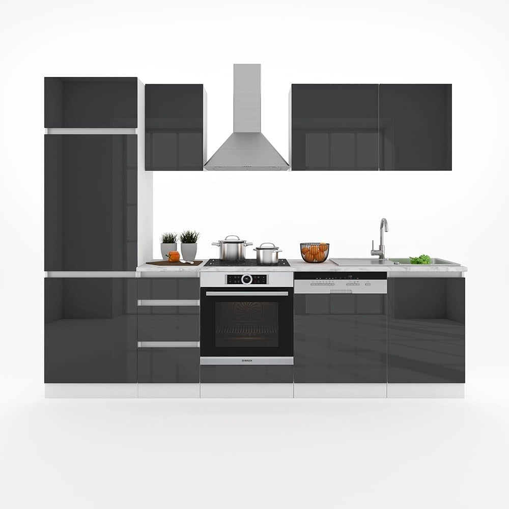Cucina componibile Optima, Antracite lucido/bianco, 270 cm senza piano di lavoro, senza maniglie, per l'espansione personalizzata e la disposizione flessibile dei moduli