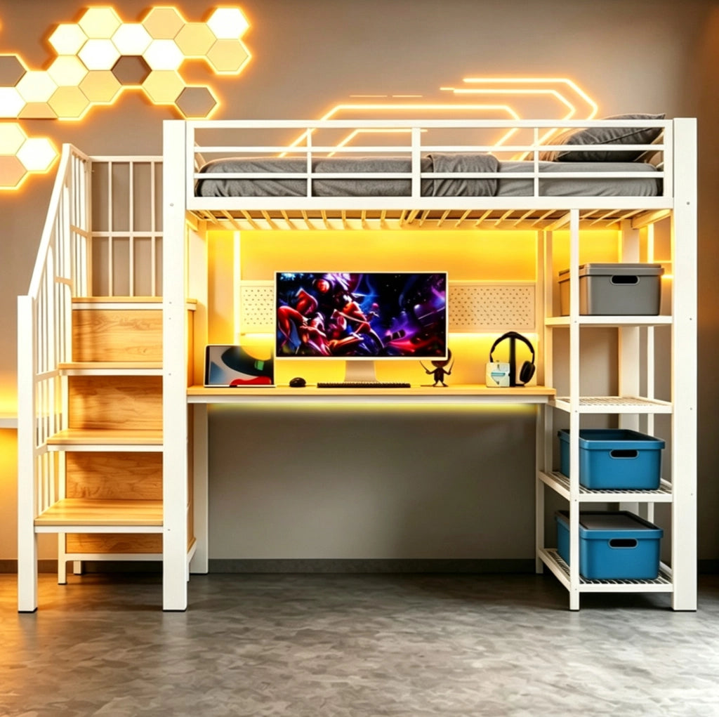 Letto a soppalco 90x200 cm con scrivania, scala contenitore, LED e prese