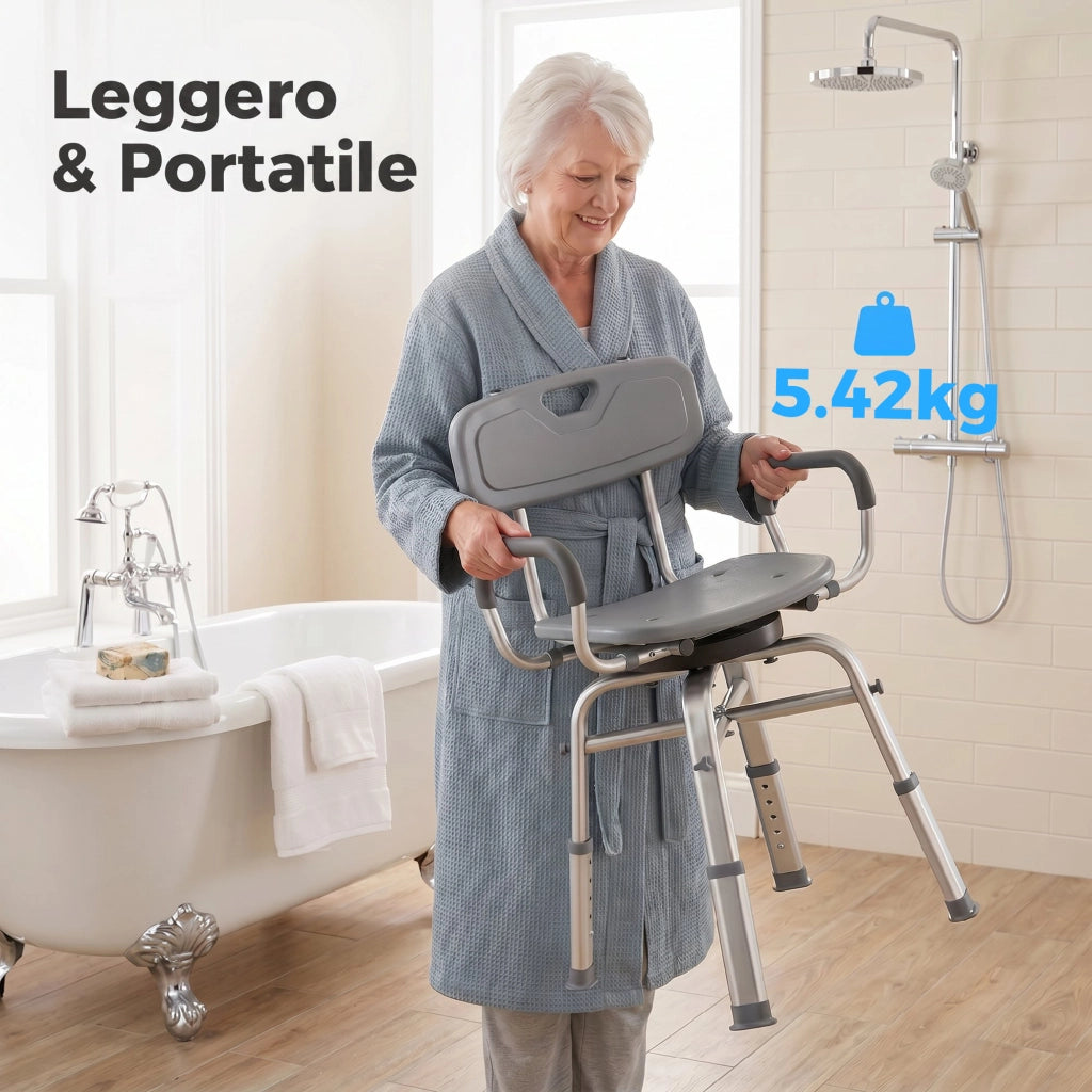 Sedia per Doccia Girevole 57x48x74-86 cm con Braccioli Schienale Capacità 150 kg in Alluminio e HDPE Grigio