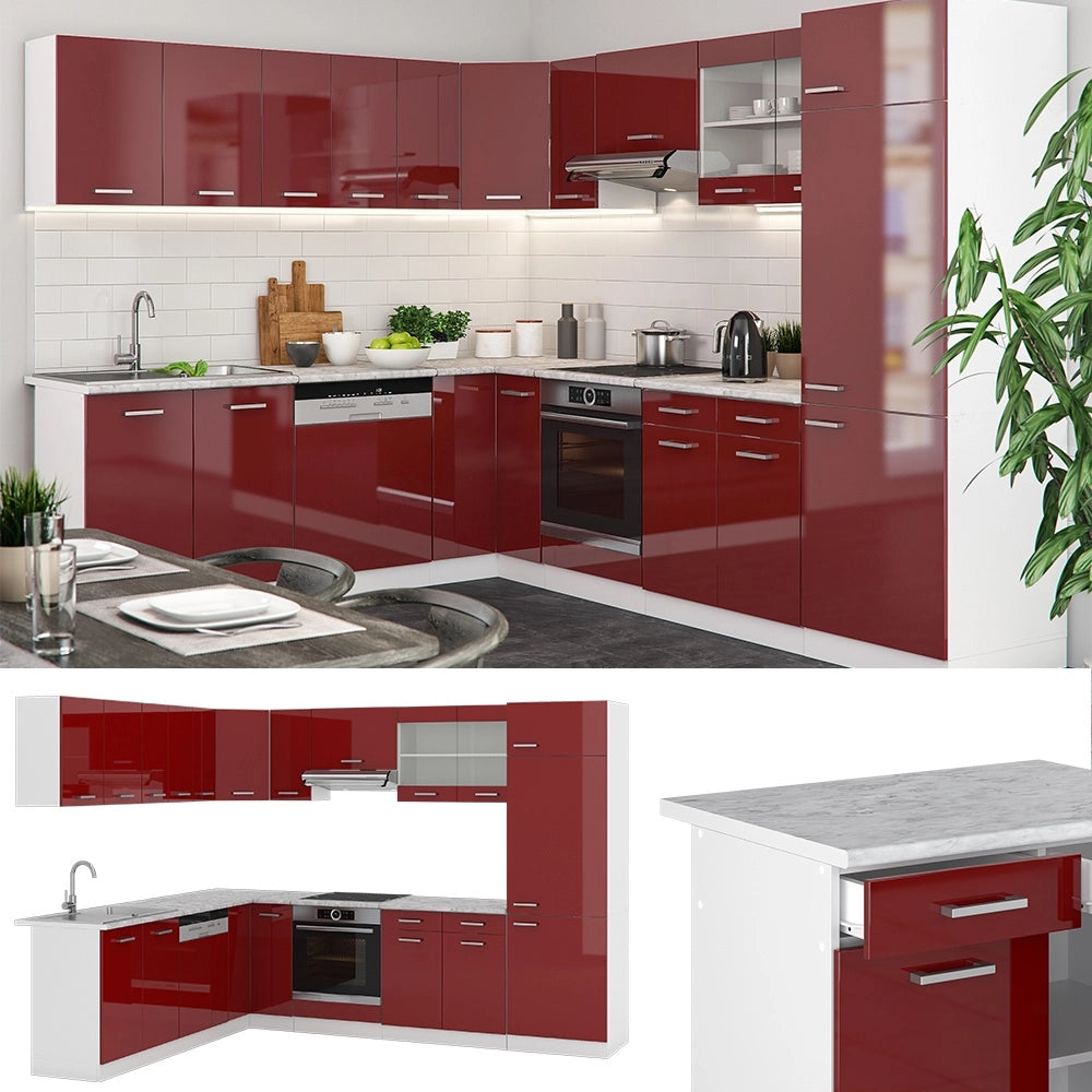 Cucina angolare completa R-Line Rosso lucido/Bianco 287 x 227 cm, PL Antracite Vicco