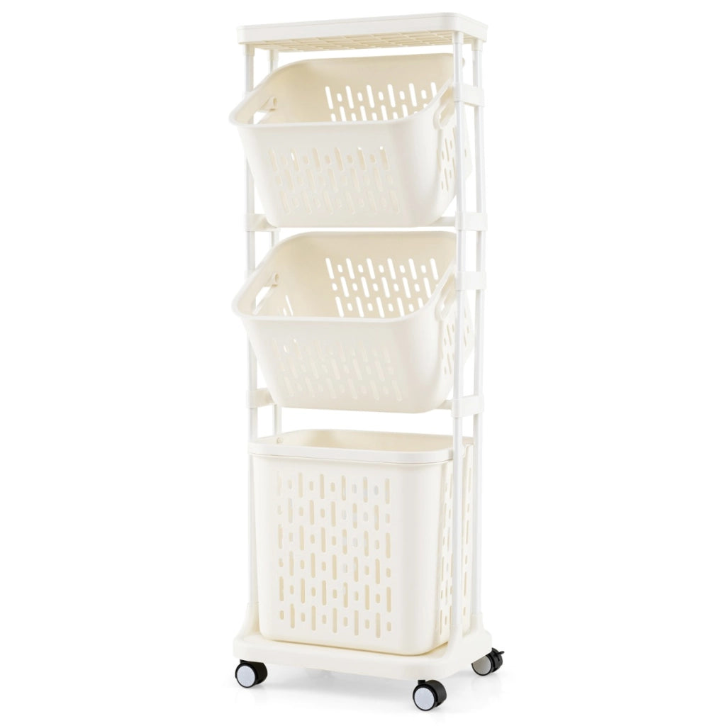 Carrello per lavanderia a 3 ripiani con 4 ruote girevoli 3 cestini-Carrello multiuso Organizzatore per separare il bucato per bagno Bianco