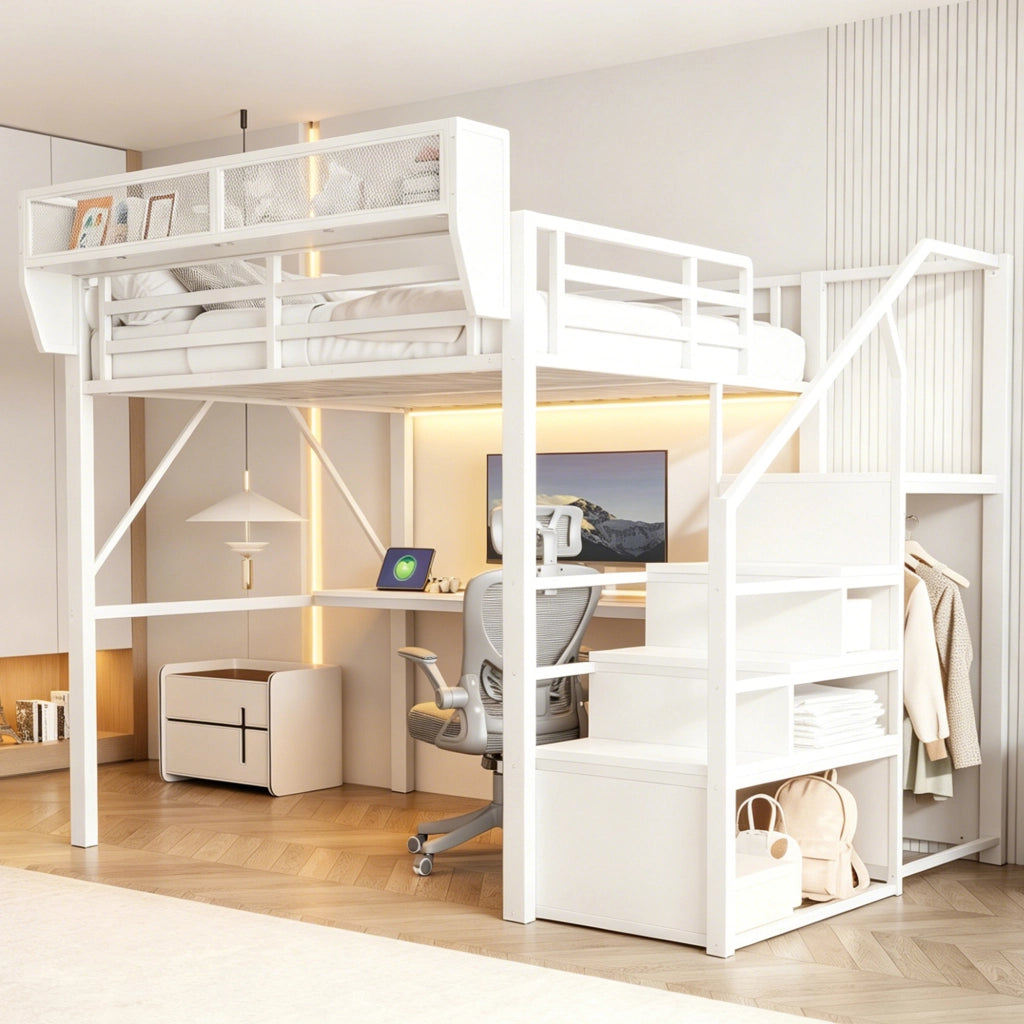 Letto a soppalco in metallo 140x200 cm con scrivania lunga, LED, scala di sicurezza e ripiani flessibili, bianco