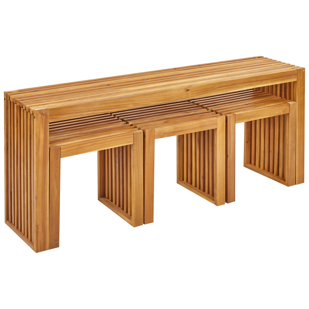 Set da pranzo da giardino 4 pezzi Tavolo rettangolare in legno massiccio di acacia chiaro 3 sgabelli Stile rustico moderno per interni esterni