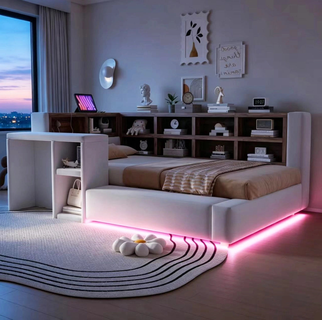 Letto imbottito 90x200 cm con LED, prese integrate e capiente testiera salvaspazio grigio chiaro