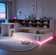 Letto imbottito 90x200 cm con LED, prese integrate e capiente testiera salvaspazio grigio chiaro