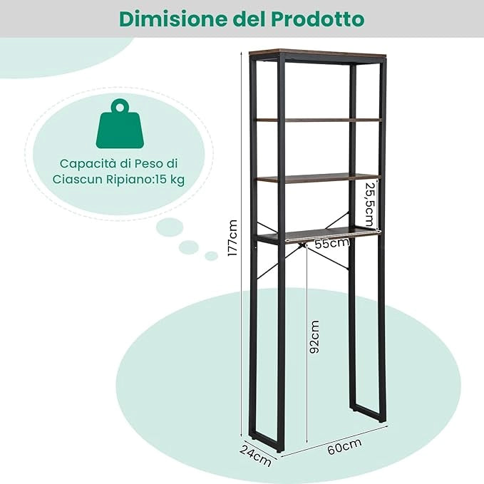 Scaffale Bagno 60 x 24 x 177 cm, Mobile Bagno Salvaspazio con 4 Ripiani in Legno e Telaio in Metallo, Mobiletto sopra Gabinetto per Soggiorno e Balcone, Nero e Marrone