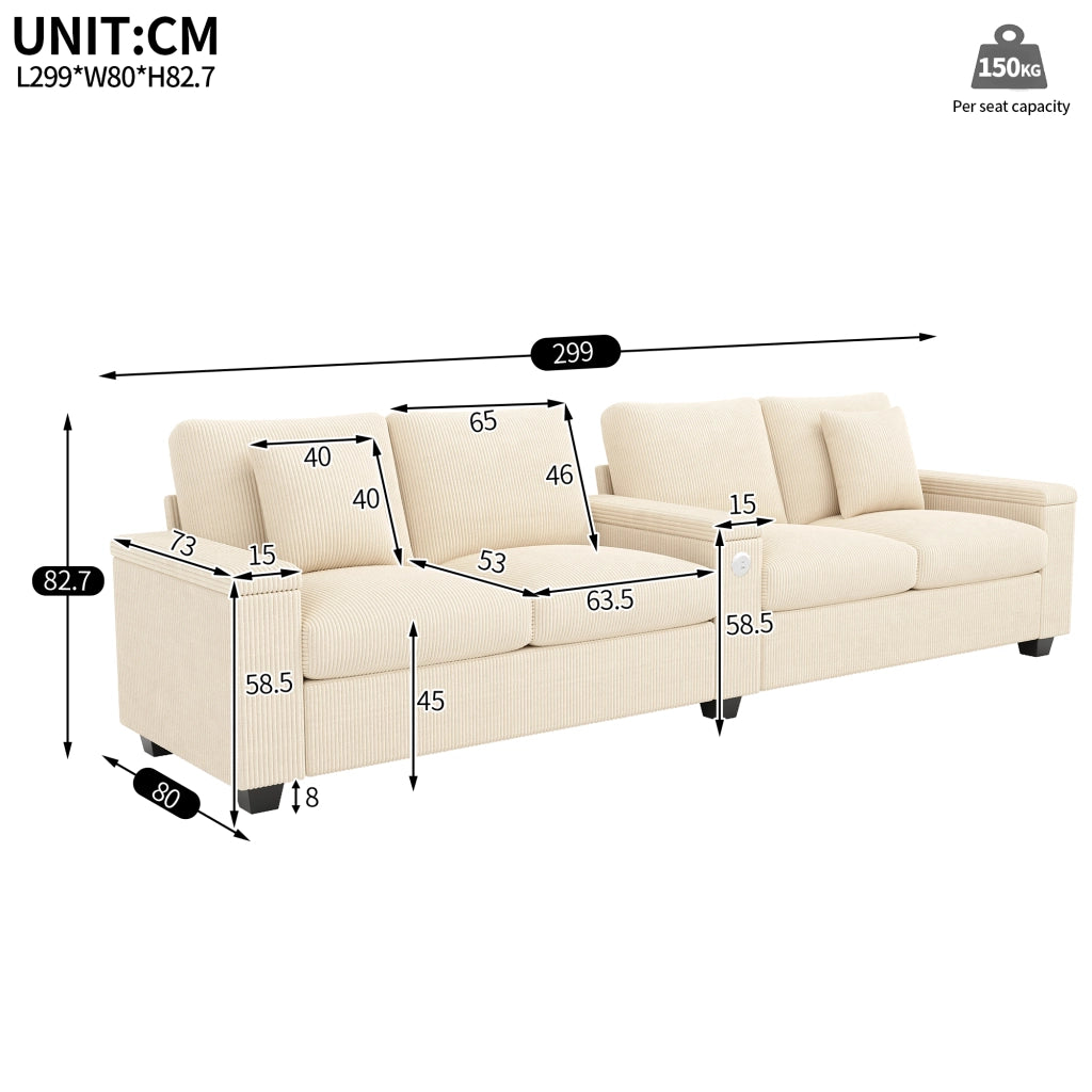 Divano 4 posti in velluto a coste con USB e USB-C bracciolo pieghevole vano contenitore beige 299 × 80 × 82,7 cm