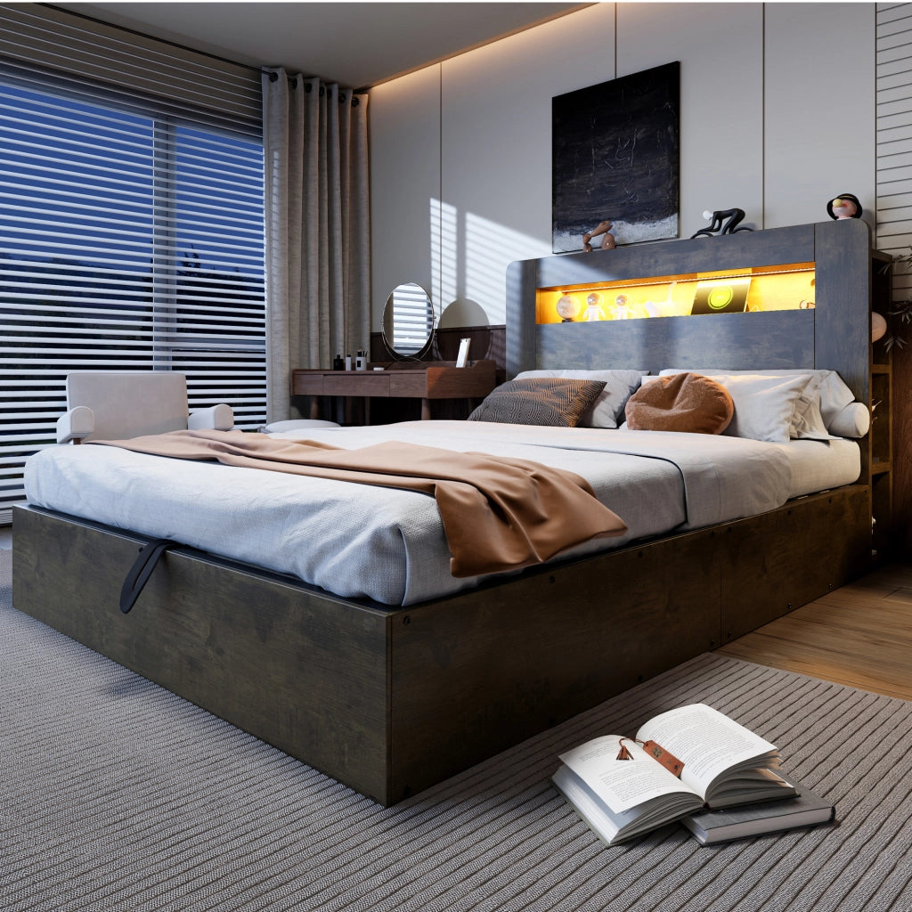 Letto Contenitore 140x200 cm; Matrimoniale - LED e Prese - in Legno - Vintage