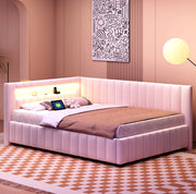 Letto imbottito 140x200 con LED e USB in velluto beige