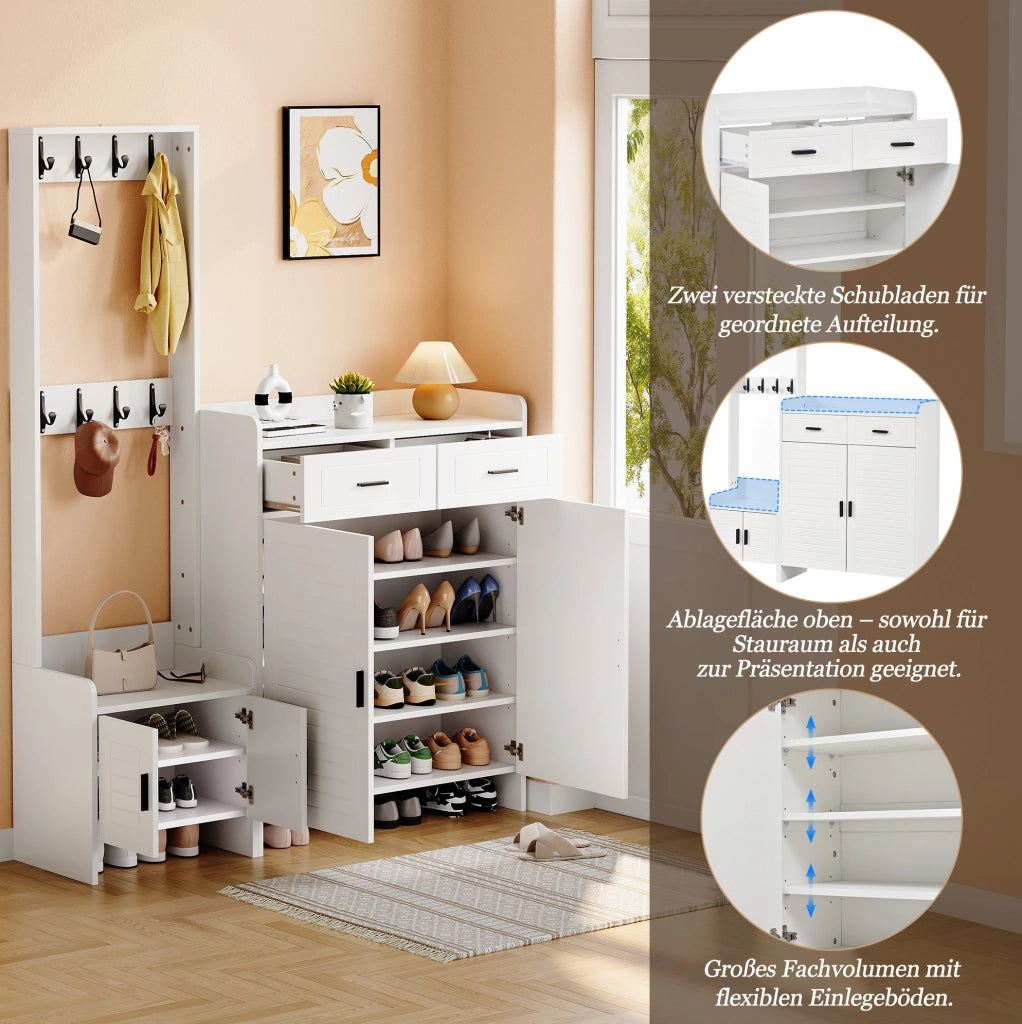 Guardaroba da ingresso bianco con scarpiera, 8 ganci e 2 cassetti