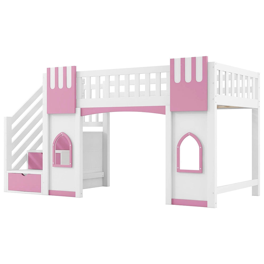 Letto mezzanino 90x200cm?- Xylo - scala finestra bianco/rosa