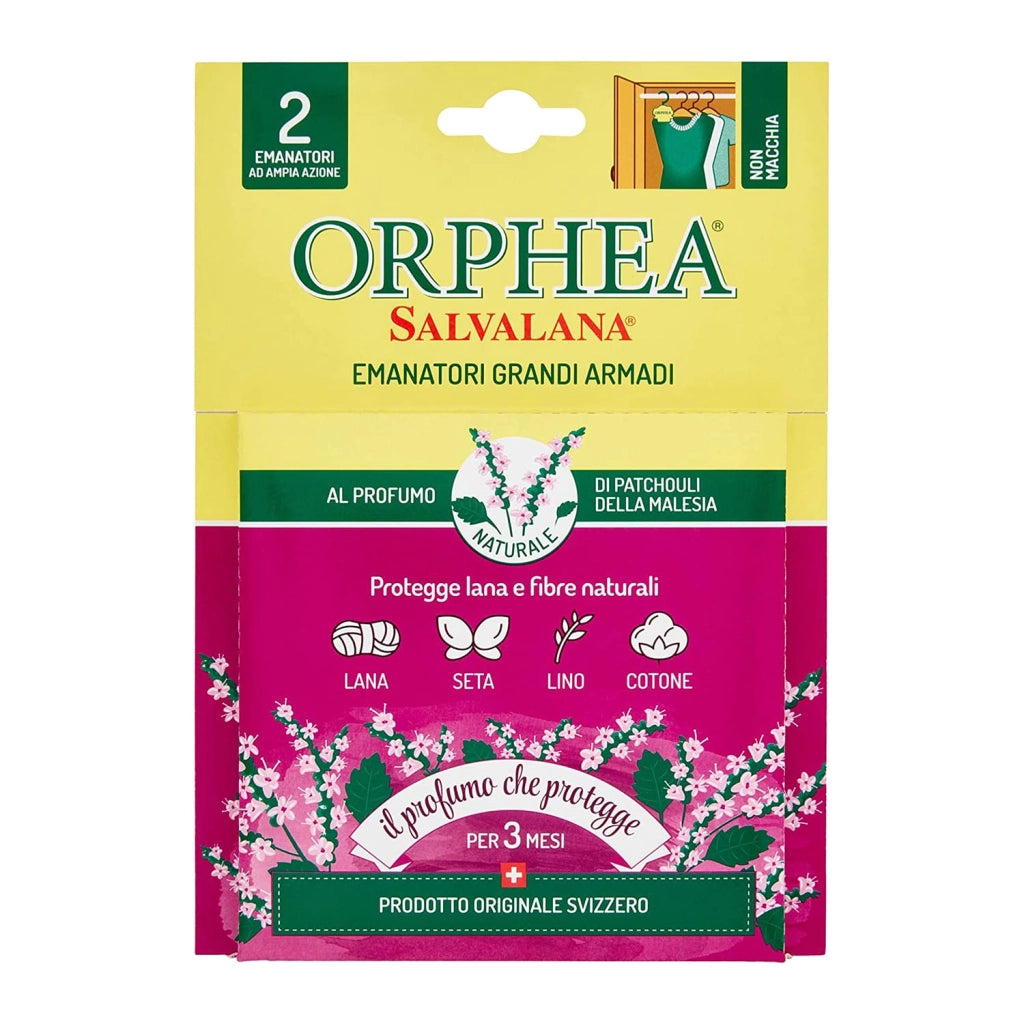 Emanatori Grandi Armadi, Protegge Lana e Vestiti, Agisce x3 Mesi, 2 Diffusori, Patchouli della Malesia,Orphea Salvalana
