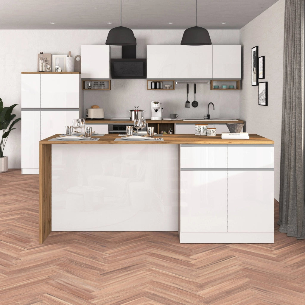 WHOUS Isola da cucina Sole a 4 ante e 4 cassetti bianco lucido e rovere 200x90x90 cm