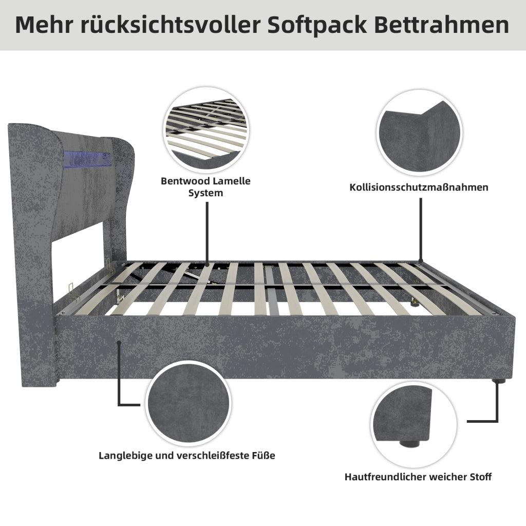 Letto Basso 140x200 cm; LED Regolabile e Schienale Regolabile - in Tessuto e Metallo - Grigio