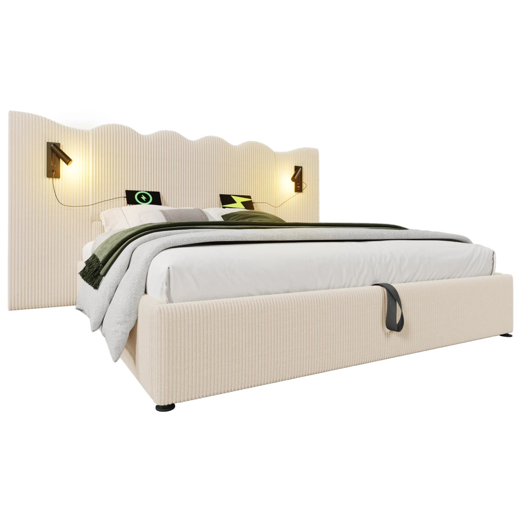 Letto matrimoniale 180x200 cm con testiera ondulata in tessuto corduroy beige; lampada integrata e contenitore