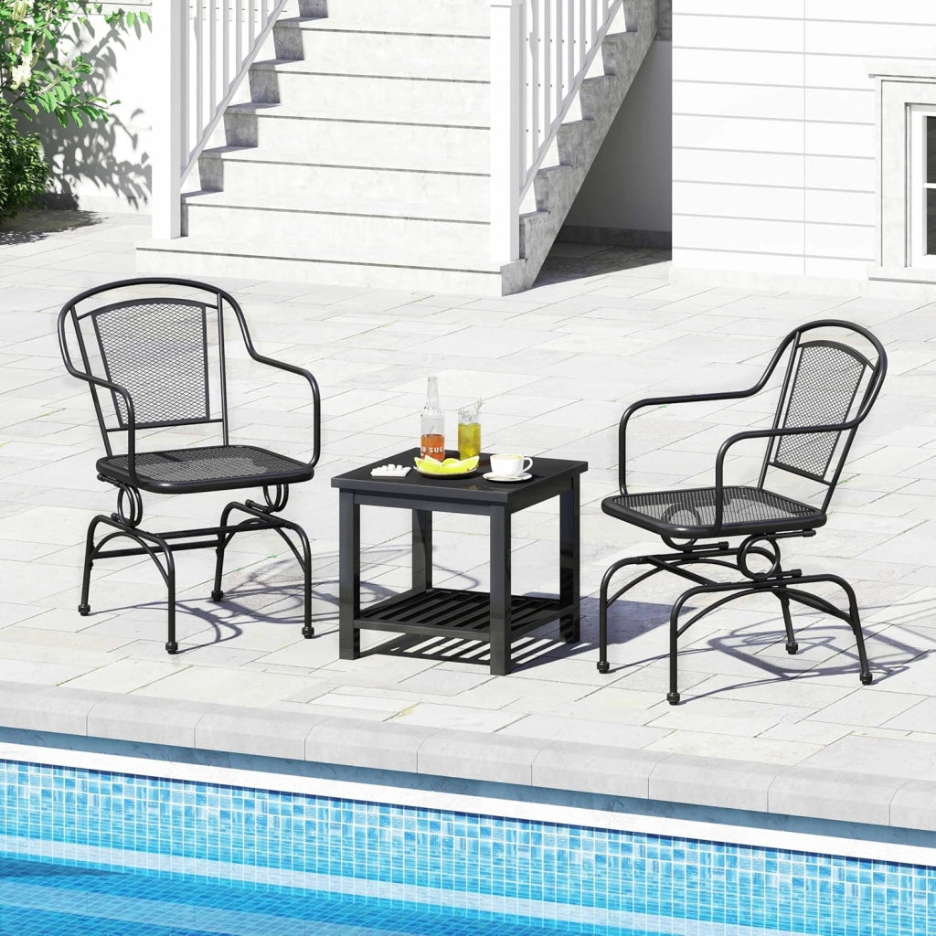 Set di 2 sedie a dondolo, schienale ergonomico, seduta in rete metallica, cuscinetti regolabili, sedia a dondolo per giardino, balcone, bordo piscina, capacità 150 kg, colore nero