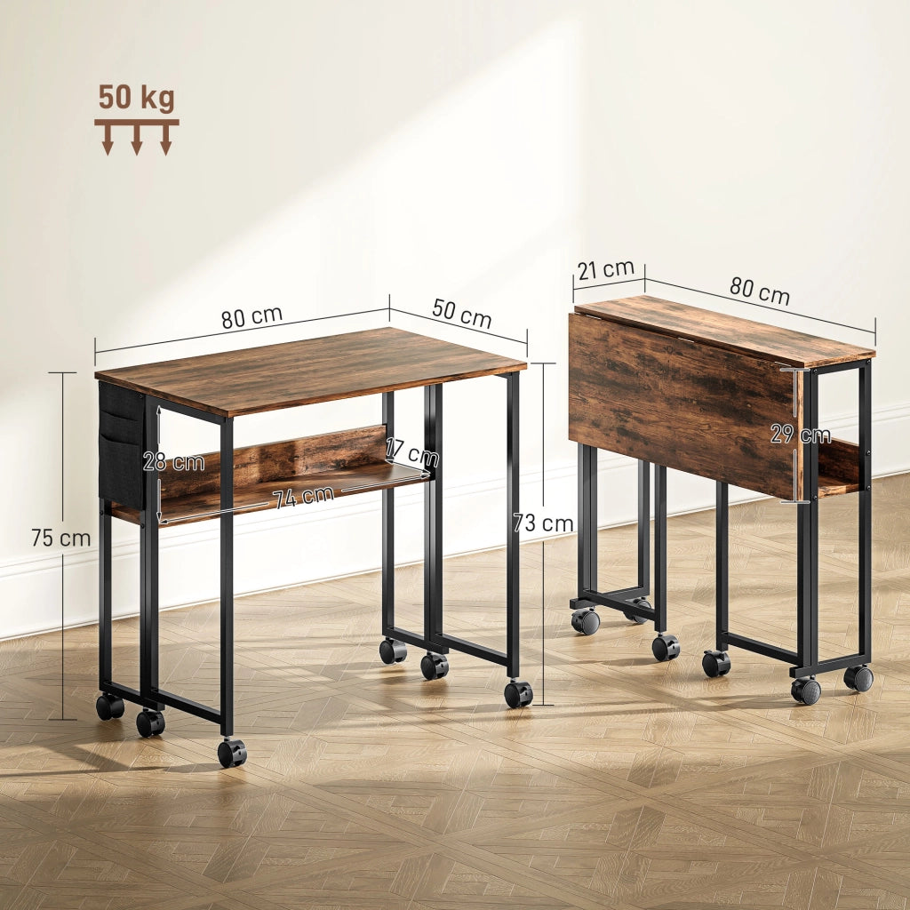 Scrivania Pieghevole con Cassetto e Ruote ¨C Zephmum ¨C 80x50x74 cm Marrone Rovere