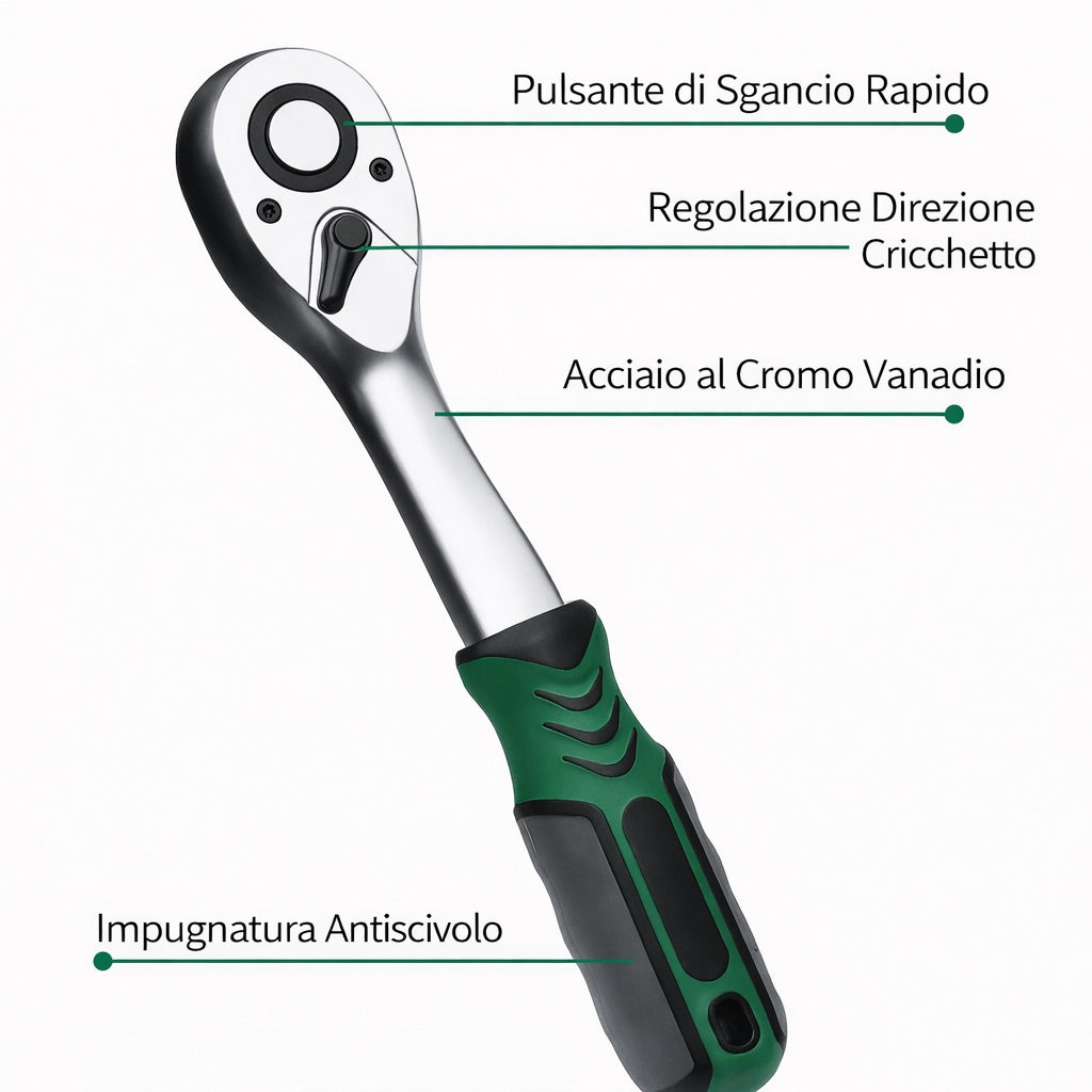 Cricchetto Reversibile 3/8” a 72 Denti con Sgancio Rapido – 200 mm | 07858