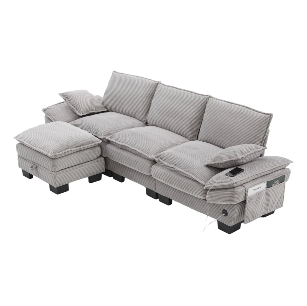 Divano modulare 3 posti con pouf; velluto a coste; USB-C; grigio chiaro