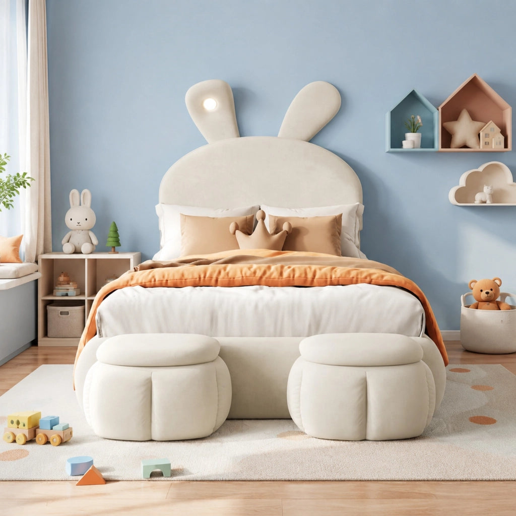 DESMIU Letto per bambini 1 posto con LED regolabile e 2 pouf contenitore, 90 × 200 cm, senza materasso, beige