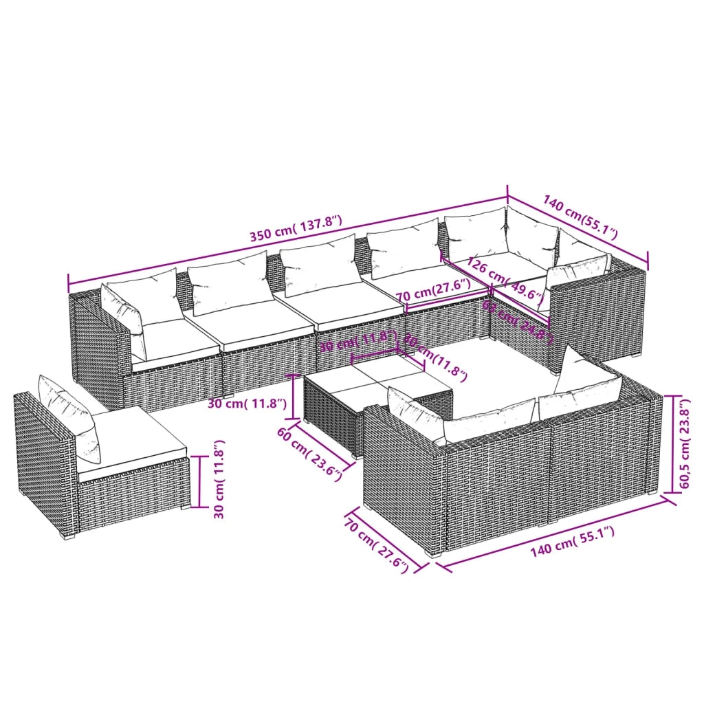 Set Divani da Giardino 10 pz con Cuscini in Polyrattan Marrone 3102635