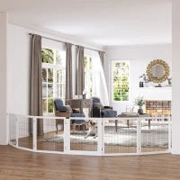 Cancelletto per Cani di Piccola/Media Taglia a 6 Pannelli Pieghevoli, in Legno e Acciaio, 432x36x70 cm, Bianco