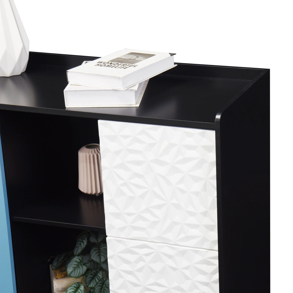 Credenza da cucina con 2 cassetti; vano chiuso e vani aperti in MDF nero e blu 40 × 90 × 80 cm