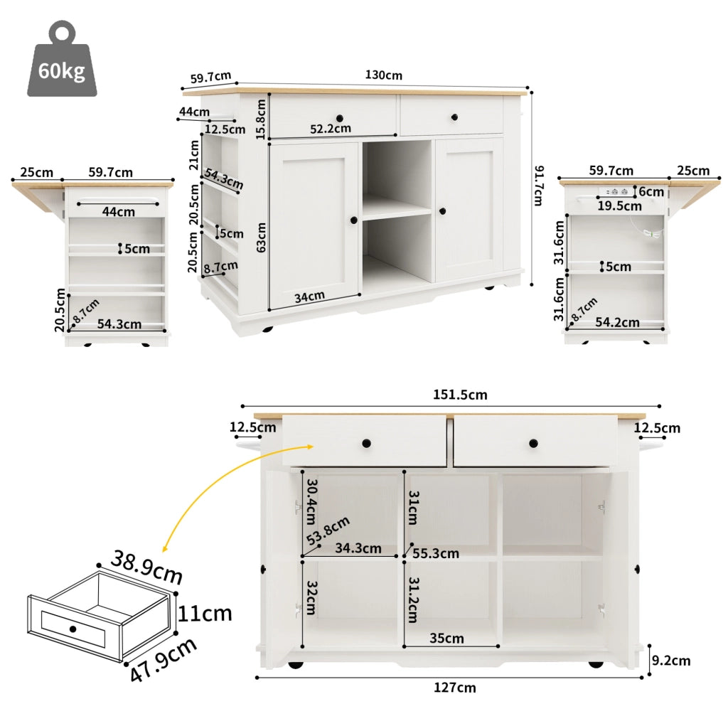 Isola cucina mobile con prese, piano pieghevole e 2 cassetti