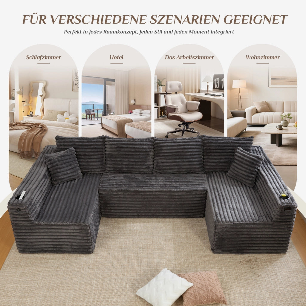 Divano modulare a U in corduroy con portabicchieri e tasca laterale cuscini grigio scuro 320 × 155 × 88 cm