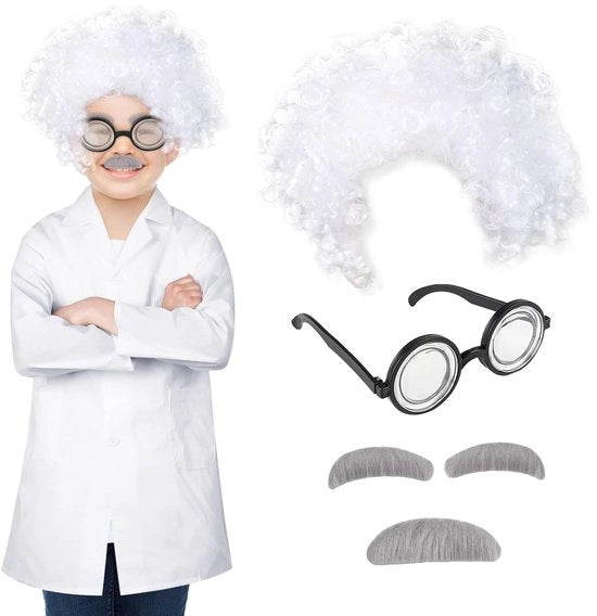 Costume da Scienziato 4 pezzi - Incluso Cappello da Laboratorio - Occhiali da Nerd - Barba - Occhi a Sbagliato - Trucco da Verkleedpartij - Costume da Verkleed