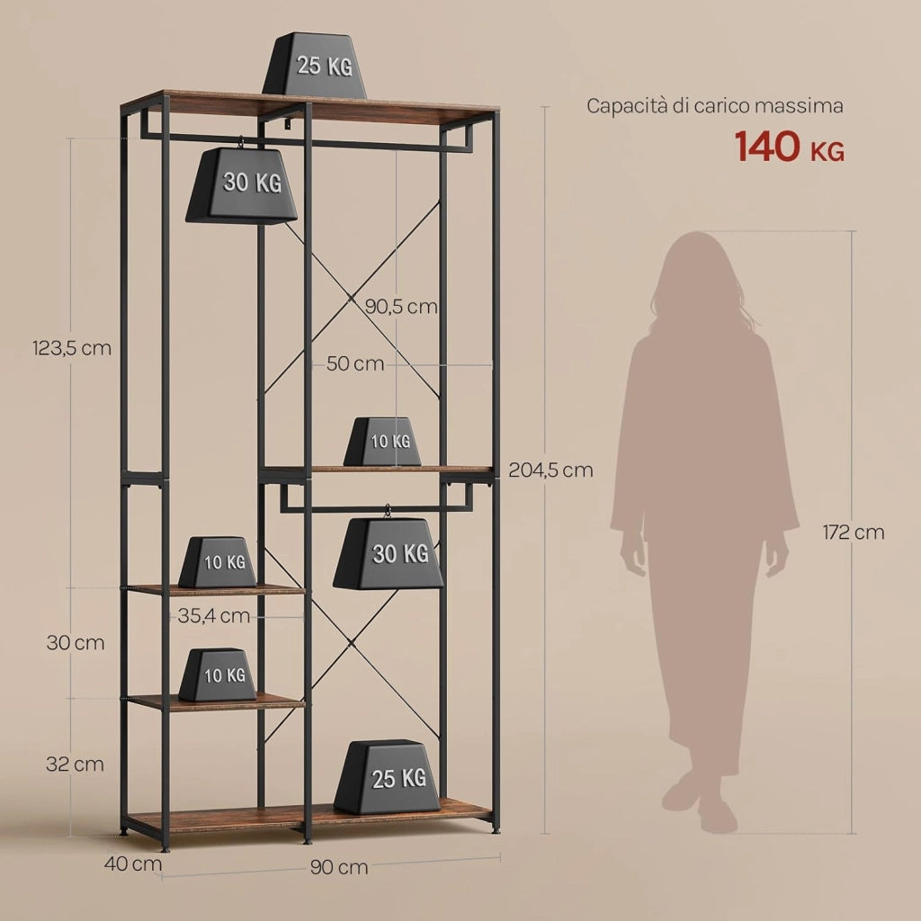 Porta Abiti in MDF e Acciaio, Appendiabiti con Scaffali, Attaccapanni Moderno, Guardaroba Armadio Nero 90x40x204,5 cm