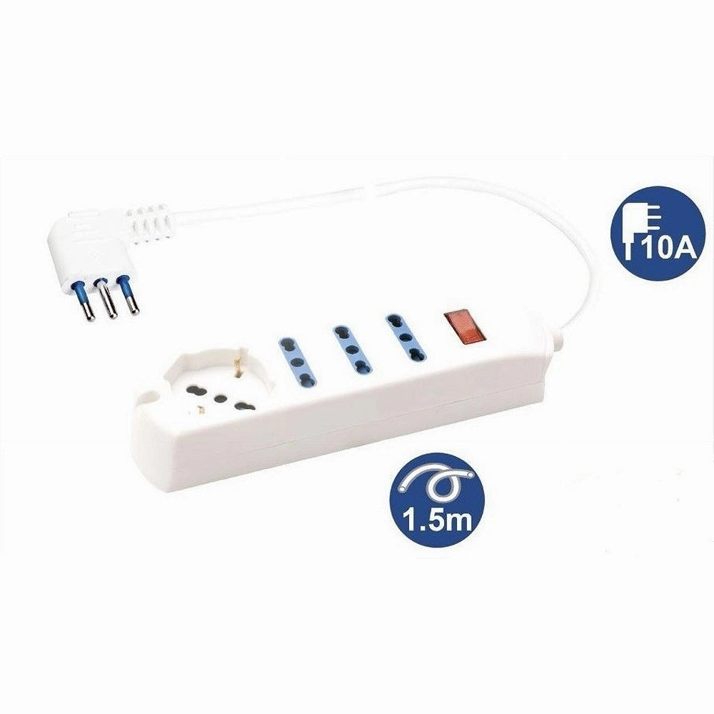 Trade Shop - Multipresa 1 Presa Universale Schuko+3 Bipasso 10/16a Spina 10a Cavo 1.5mt 80083 -