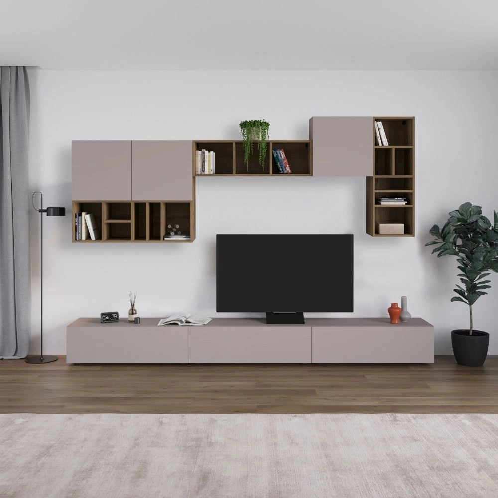 Parete attrezzata Big colore tortora e hitit noce H 192x32.50x300 cm