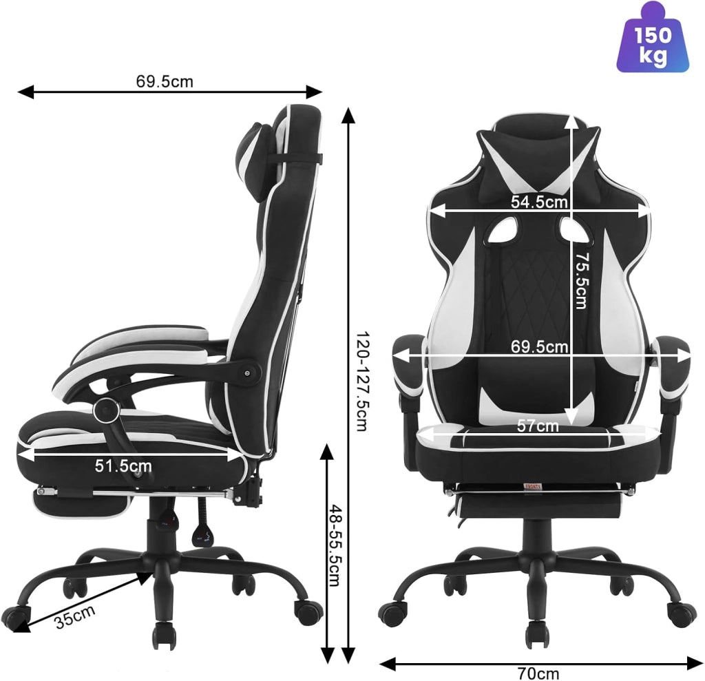 Sedia Gaming Ergonomica | Tessuto Traspirante Fresco D'estate | Schienale Regolabile Poggiapiedi | per Gaming Ufficio Relax | Sedile ampio e comodo per Persone di Taglia Grande | Nero+Bianco