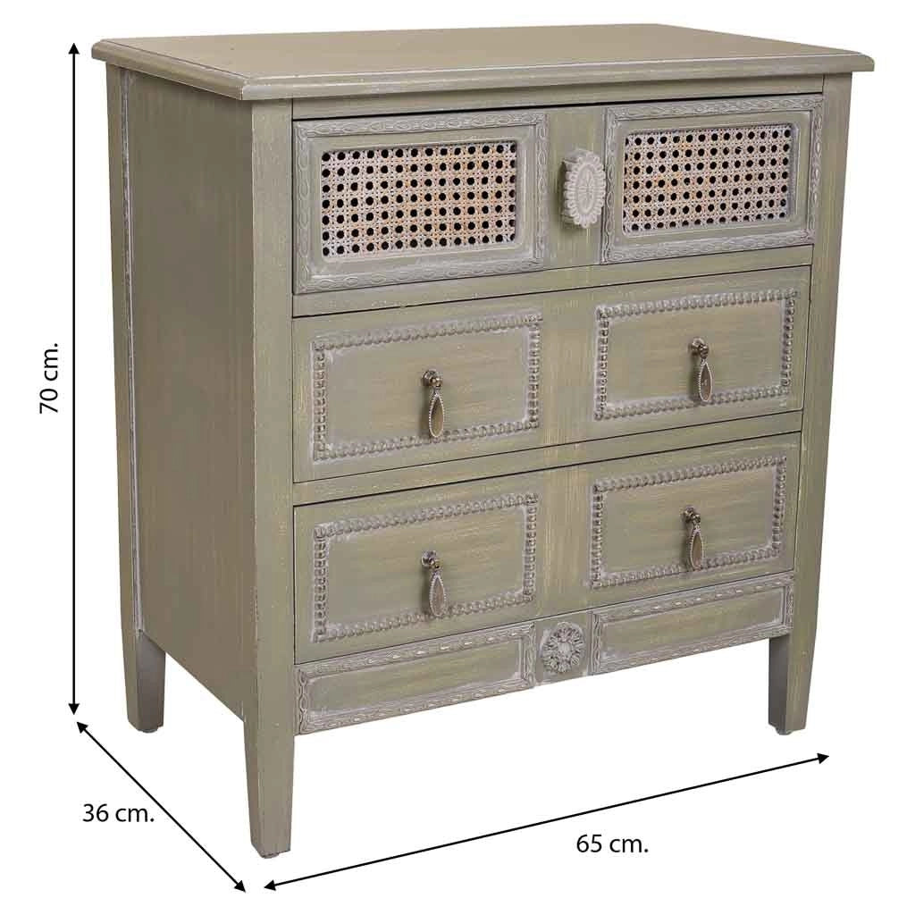 Comodino in legno con 3 cassetti, dimensioni 65x36x70 cm.