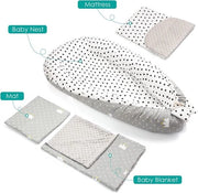 Set di ricambio per bebè 5 pezzi, composto da lettino per bebè 50x90 cm, cuscino di supporto, cuscino piatto, materasso per bebè, coperta di peluche - anti-allergico, morbido alla peluche, con animali teneri, per bambini da 0 a 7 mesi